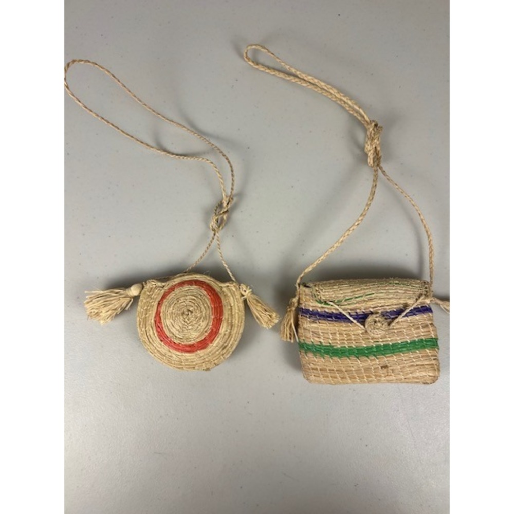 Vintage Handwoven‎ Straw Mini Bag Set Boho Woven Tassel Small Purse 2pc Multi